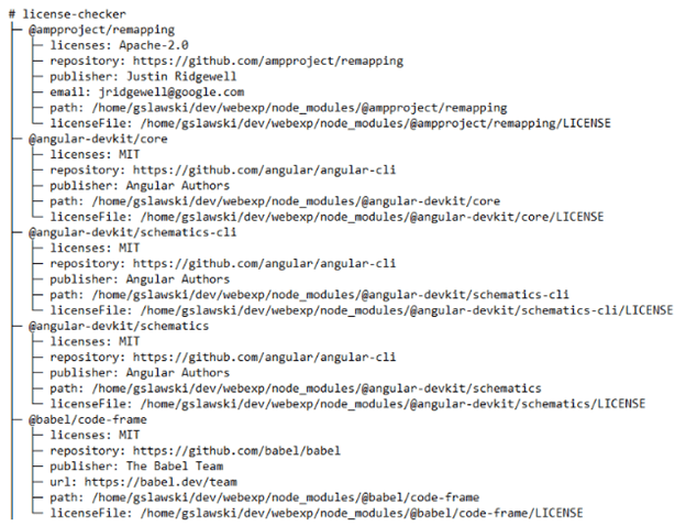 A screenshot of a license-checker output listing dependencies, their licenses, and additional metadata. Each entry includes details like the package name, license type, repository URL, publisher information, license file path, and other associated details. Examples include '@ampproject/remapping' licensed under Apache-2.0 and several Angular packages (such as '@angular-devkit/core') and Babel's '@babel/code-frame,' all licensed under MIT