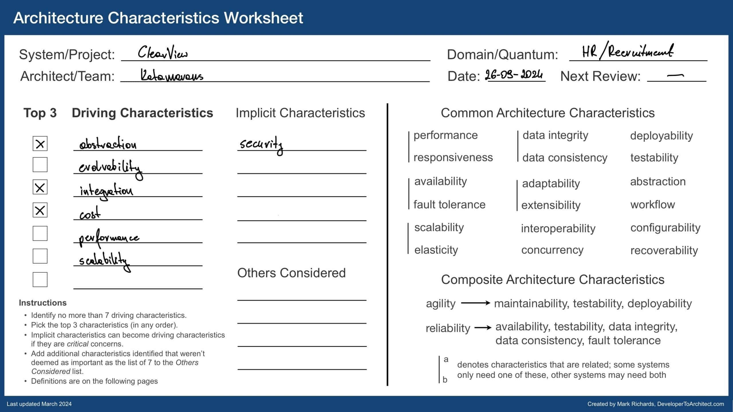 Architecture Characteristics Worksheet with fields filled in. The top three driving characteristics selected are abstraction, integration, and cost. An implicit characteristic of security is noted. The worksheet includes lists of common architecture characteristics like performance, availability, scalability, and data consistency, along with instructions on selecting driving characteristics.