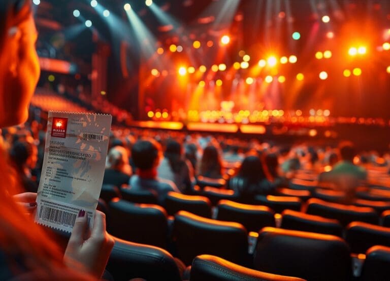 blog post, why not having dynamic pricing is a missed opportunity, a picture showing a concert venue interior showing a person holding a ticket, with rows of theater seats and a dramatically lit stage glowing orange and red in the background.