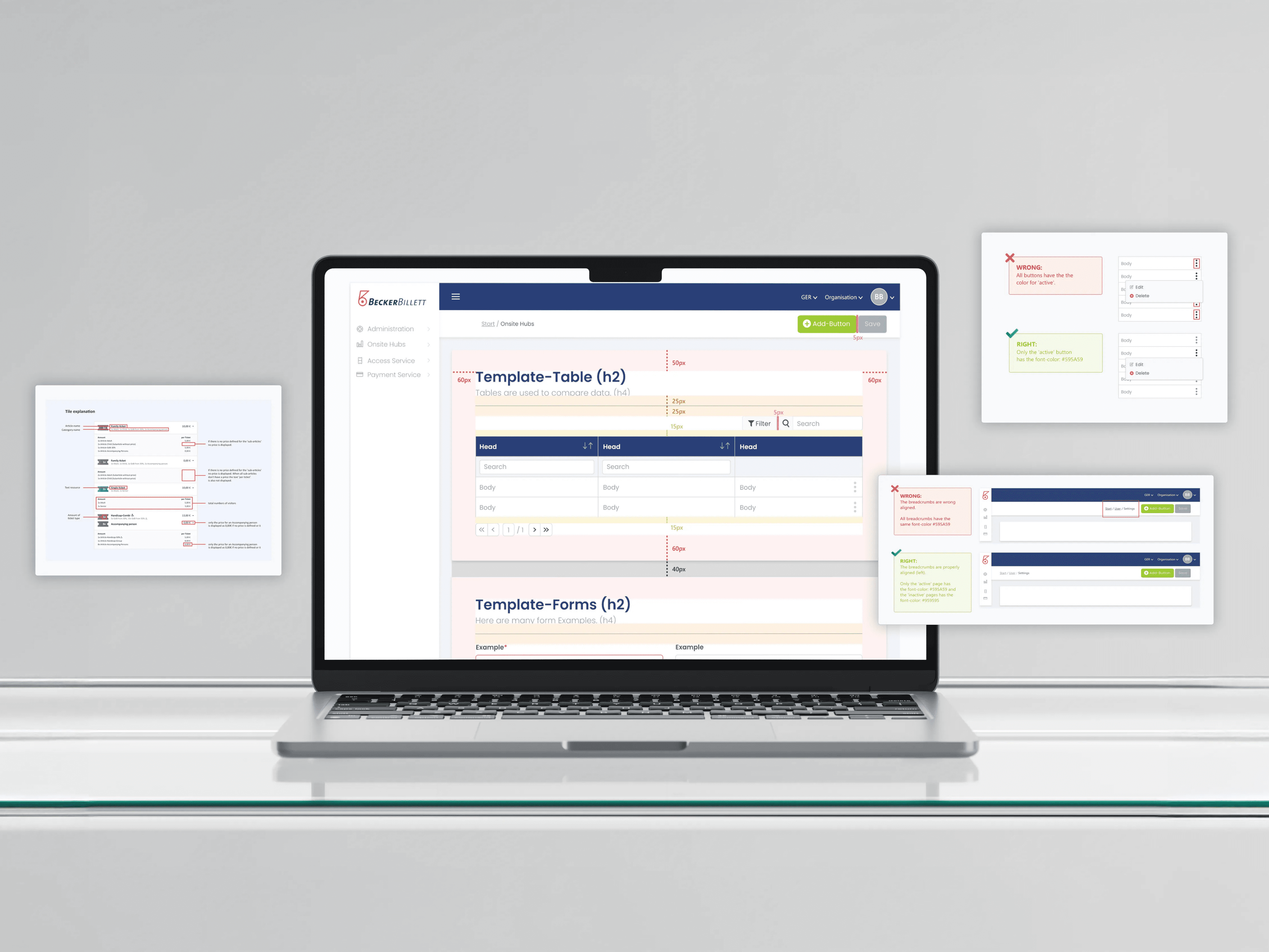 A laptop displays a UI design system with templates for tables and forms. Floating UI elements highlight correct and incorrect design patterns, focusing on usability improvements and consistency.