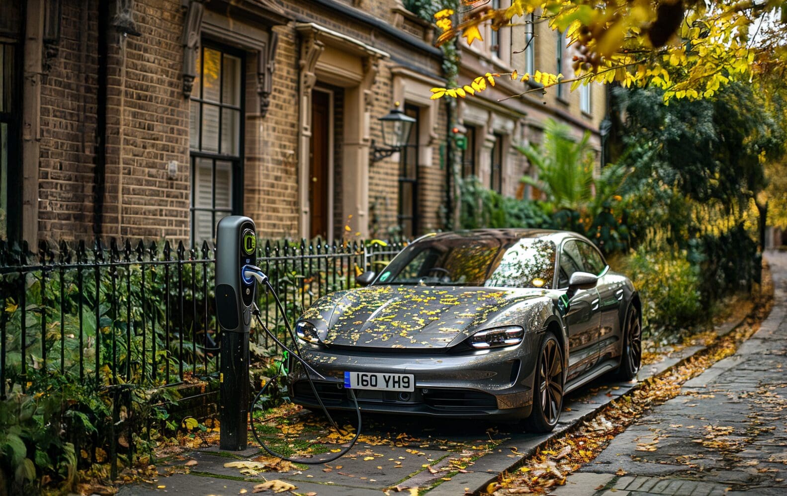 A sleek electric car is parked on a charming residential street, connected to a charging station. Autumn leaves cover the car and pavement, creating a picturesque neighborhood setting.