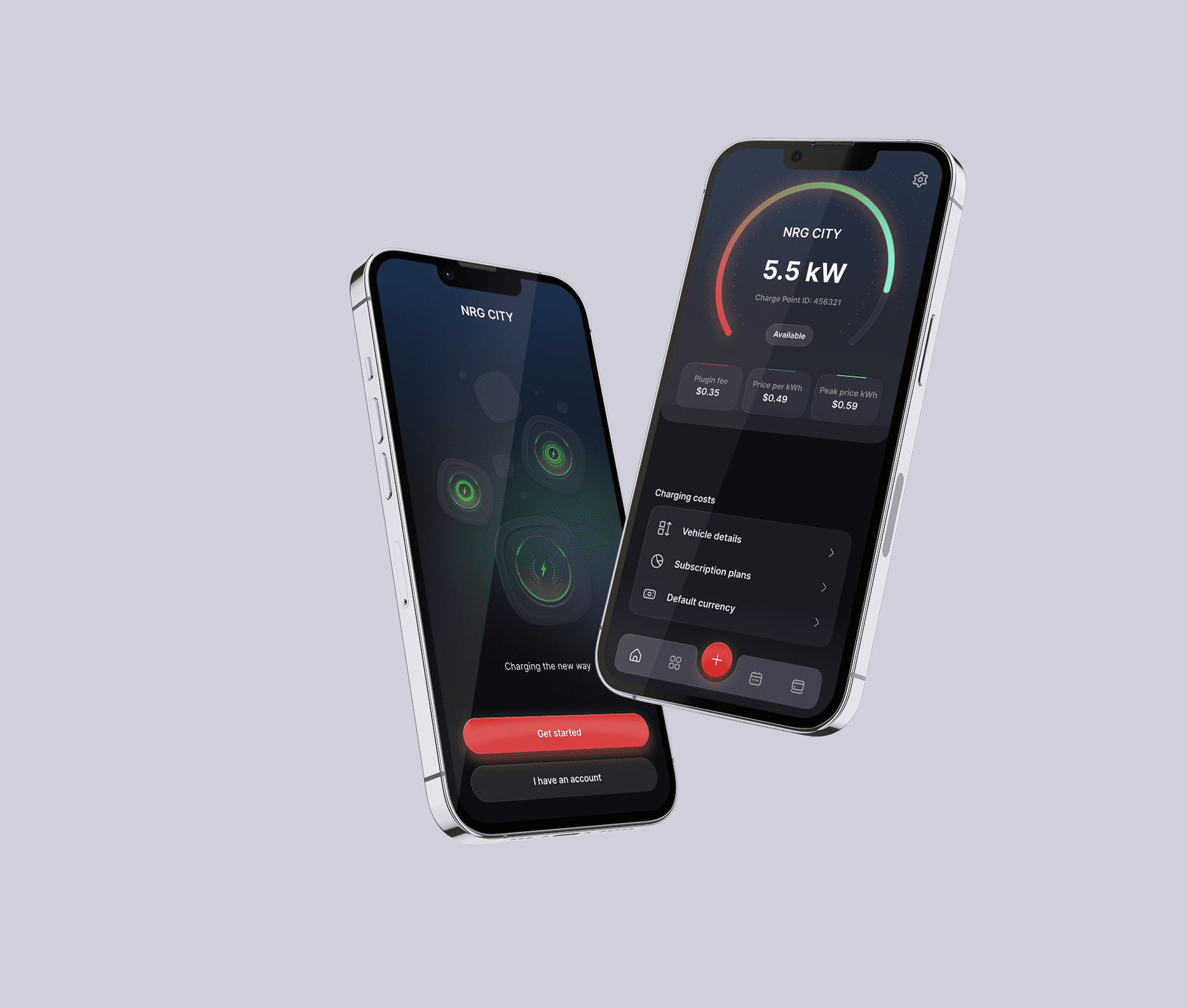 A mobile app UI for an EV charging platform is displayed on two smartphones. The interface features real-time charging status, pricing details, and energy usage in kilowatts. Users can access vehicle details, subscription plans, and currency settings, all within a sleek dark-themed design.
