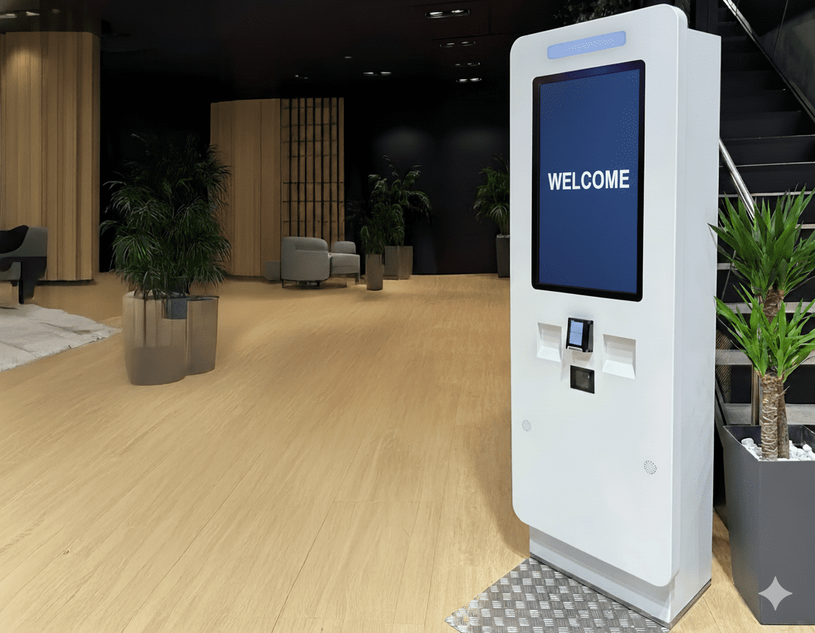 A modern self-service sales terminal with a large touchscreen stands in a stylish indoor space. The interface prompts users to interact, with integrated payment and scanning options for a seamless transaction experience.