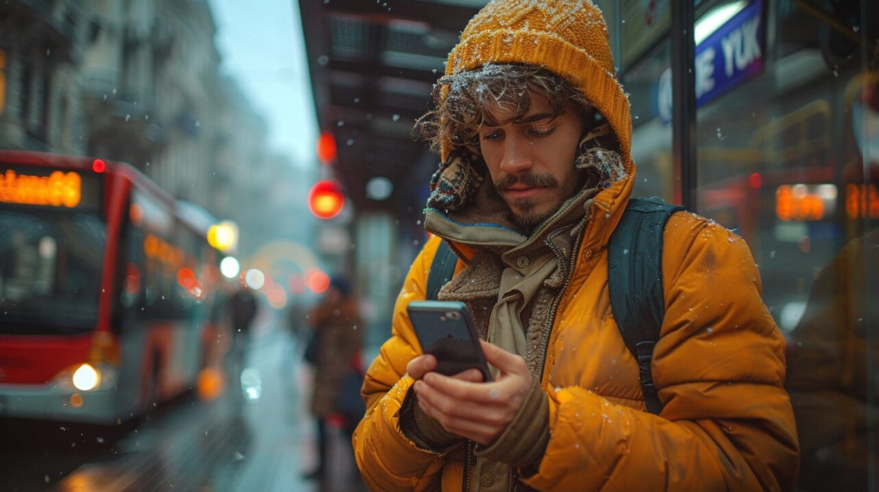 A young man wearing a yellow winter jacket and knitted hat stands at a city bus stop during light snowfall, focused on his smartphone. The blurred background shows a red bus and city lights, emphasizing a cold, urban environment.