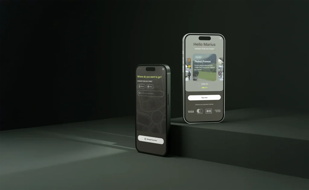Two smartphones displaying a sleek travel ticketing app interface, one showing a search screen to choose destinations and the other highlighting a ticket offer for France with payment options at the bottom.