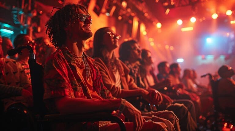 A diverse group of people, including individuals in wheelchairs, enjoying a vibrant concert or live performance under colorful stage lighting.