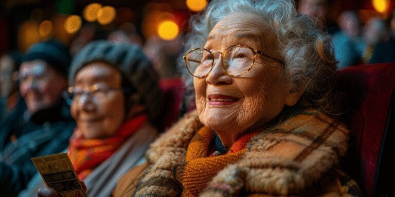 Elderly women sit in a theater, warmly dressed in scarves and coats, smiling as they watch a performance.