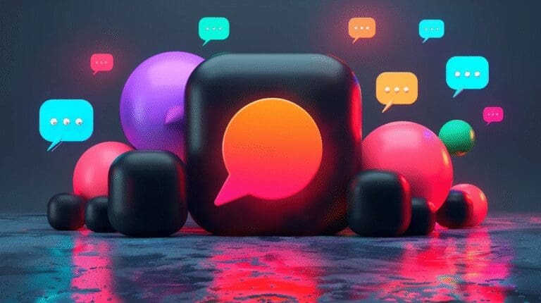 Colorful 3D chat icons and speech bubbles on a reflective surface with a dark background.
