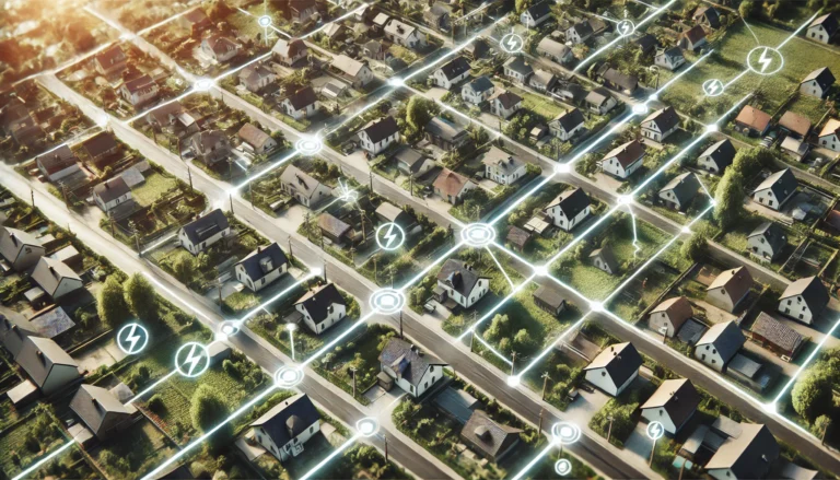 A top-down aerial view of a small rural town with individual houses, roads, and green spaces. White glowing lines connect the rooftops of the homes, forming a digital network representing electricity flow. Circular nodes and electric bolt symbols appear along the lines, illustrating a smart energy grid. The scene is bathed in warm, natural sunlight, with trees and vegetation surrounding the town, blending technology with a peaceful, residential environment.