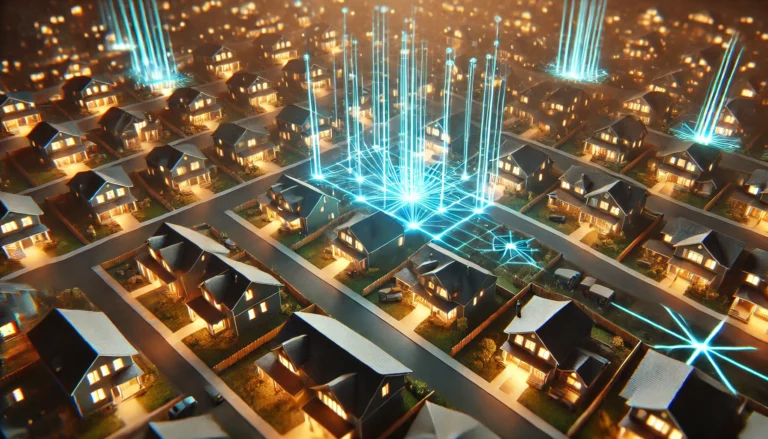 Top-down nighttime view of a suburban neighborhood with warmly lit houses. Blue glowing digital energy lines rise from rooftops and connect across the sky, forming a futuristic power grid.