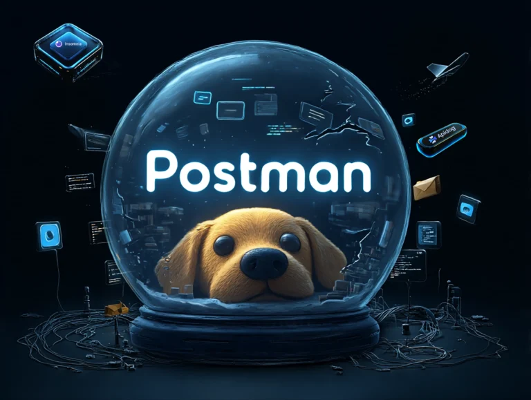 Illustration of Postman inside a glass dome surrounded by digital API tools like Insomnia and apiDog, symbolising migration between API testing platforms.