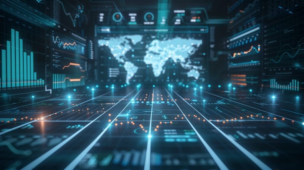 A 3D data visualization with glowing orange and blue graphs extending toward a blurred digital world map, representing global analytics and network activity.