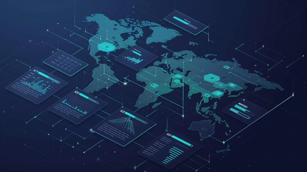A stylized global data dashboard with hexagonal highlights and multiple analytic panels around the map, visualizing worldwide network and performance data.