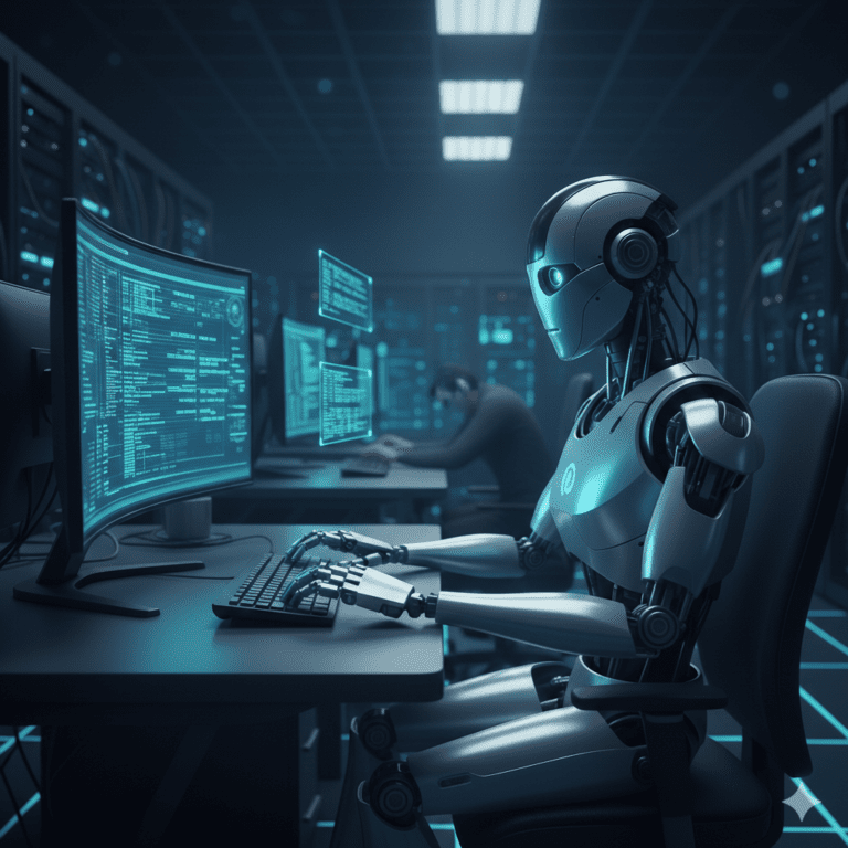 AI humanoid robot typing code at a workstation in a dimly lit server room, with glowing blue screens and a human developer working in the background.