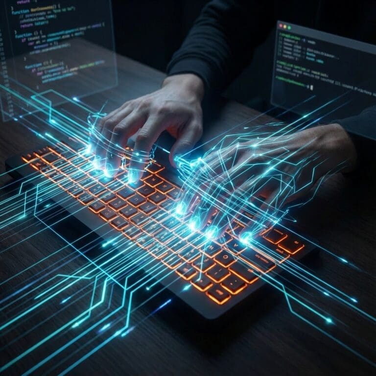Close-up of hands typing on a backlit keyboard with glowing blue digital lines and circuit patterns overlaying the fingers and keys, symbolising AI-assisted coding, automation, and advanced software development.